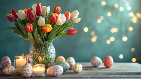 A picturesque scene of an Easter table centerpiece featuring a vase of tulips, decorated eggs, and candlesの素材