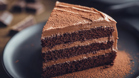 Decadent chocolate cake slice with rich frosting, sprinkled with cocoa powder, close-up, soft lightingの素材