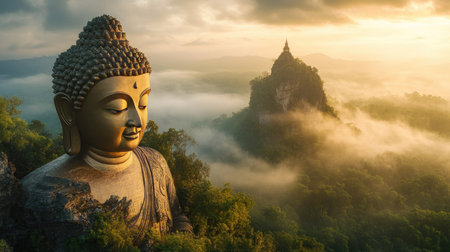 Golden Buddha statue carved into a mountainside, ancient and majestic, mist rolling in, soft dawn lightの素材
