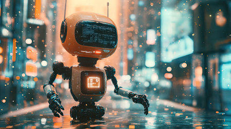 A smart robot navigating a cluttered environment, using sensors and mechatronic systems to avoid obstaclesの素材