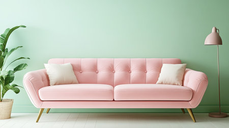 A pastel pink sofa in a room with a mint green wall, styled with minimal decorの素材