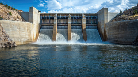 Background of a newly constructed dam with massive concrete walls and water flowing steadily through spillwaysの素材