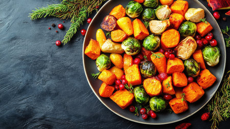 A platter of roasted vegetables like Brussels sprouts, carrots, and sweet potatoes, ready for Thanksgivingの素材
