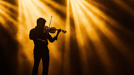 Silhouette of a violinist playing passionately on a stage, soft spotlights creating a serene and emotional atmosphereの素材