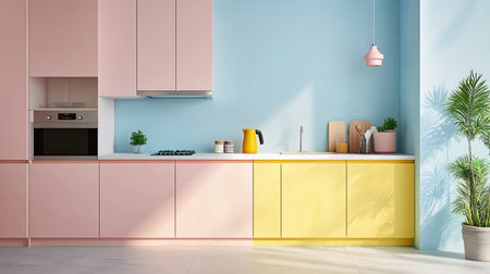 A minimalist kitchen with pastel-colored cabinets and a single bright yellow kettleの素材