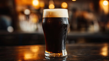 A close-up of a pint glass filled with dark, rich stout, with a creamy head and a pub backgroundの素材