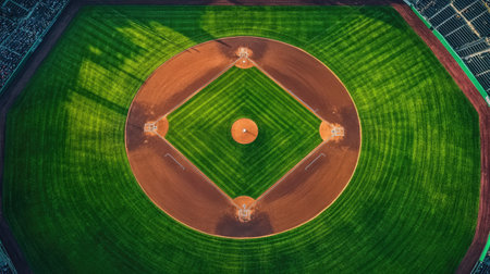 Top view of an empty baseball stadium, with the diamond infield and lush outfield grass well maintainedの素材
