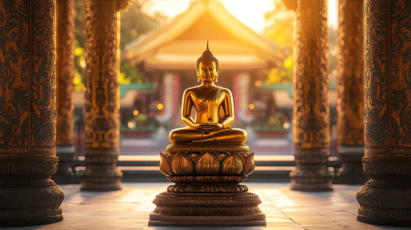 Golden Buddha statue framed by temple columns, intricate patterns, soft natural light, serene atmosphereの素材
