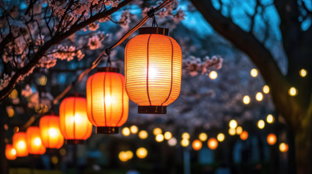 Traditional Japanese lanterns hanging in a park during a spring festival, with cherry blossoms illuminated at nightの素材