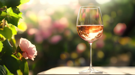 A glass of pale ros wine with light reflections, served on a summer terrace with a floral backdropの素材