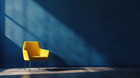 A single, bright yellow chair against a deep blue wall in an otherwise empty roomの素材