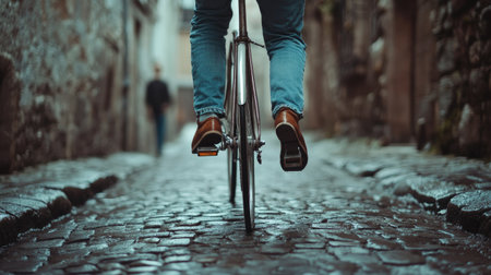 Man in selvedge jeans, riding a vintage bicycle through a cobblestone street, timeless style, soft lightの素材