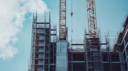 View of a construction site with scaffolding and cranes, showing the framework of a building under constructionの素材