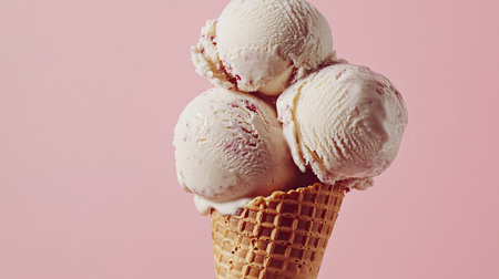 A close-up of ice cream scoops in a waffle cone, with detailed textures of the ice cream and cone, set against a plain backdrop.の素材