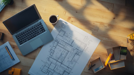 Top view of an engineer desk with a laptop, blueprints, and a cup of coffee, ready for a day of problem-solvingの素材