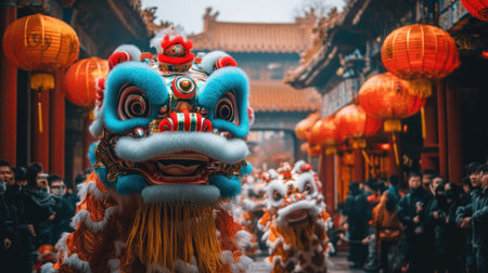 A vibrant lion dance performance at a temple, with the lion bringing good luck and prosperity for the Lunar New Yearの素材