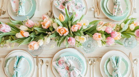 A festive Easter table setting with pastel-colored dishes, floral napkins, and a centerpiece of fresh tulipsの素材