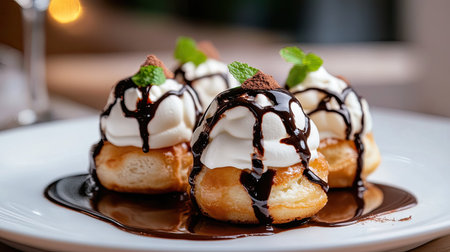 Decadent profiteroles filled with cream and topped with chocolate sauce, elegant presentation, soft lightingの素材