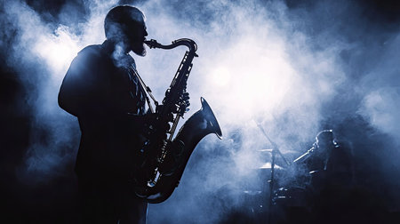 Silhouette of a saxophonist in a jazz band, stage lights creating a moody ambiance with smoke swirling aroundの素材