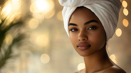 Beautiful-skinned woman in a spa, serene expression, white towel on head, soft lighting, luxurious settingの素材