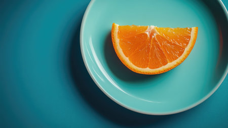 A single orange slice on a plain turquoise plate, styled in a minimalistic mannerの素材