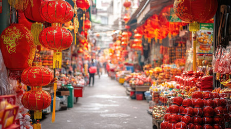 A street market filled with Lunar New Year decorations, including lanterns, couplets, and lucky charmsの素材