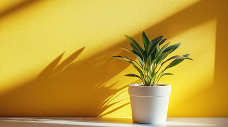 Golden background with a small white potted plant, centered and casting a soft shadowの素材