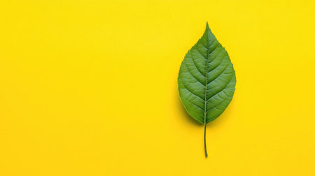 A single green leaf on a bright, solid yellow background in a minimal compositionの素材