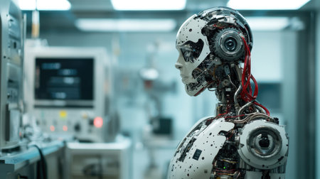 A highly advanced robot with intricate circuitry, standing in a metallic, high-tech laboratoryの素材