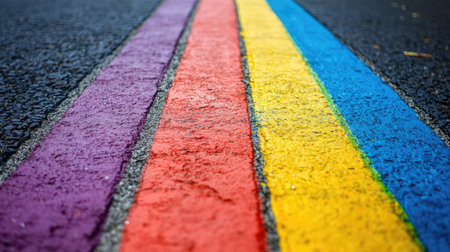 A close-up of a rainbow flag painted on the pavement, symbolizing the path towards equality and acceptanceの素材