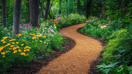 A peaceful scene of a winding path through a forest filled with blooming flowers and fresh green leavesの素材