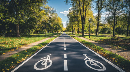 View of a well-maintained bike path, with smooth asphalt and clear lane markings, running through a parkの素材