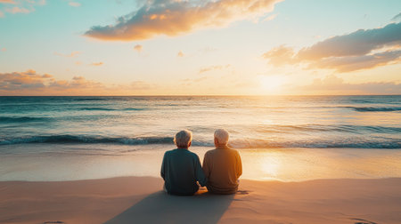Elderly couple enjoying a sunset on a beach, sitting on the sand, calm ocean waves, holding handsの素材