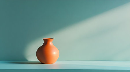 A minimalist table with a single orange vase against a monochrome, teal backdropの素材