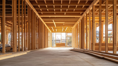 View of a construction site with wooden frames and scaffolding, ready for the next phase of buildingの素材