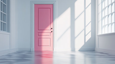A striking pink door set in a minimalist, white hallway with clean linesの素材