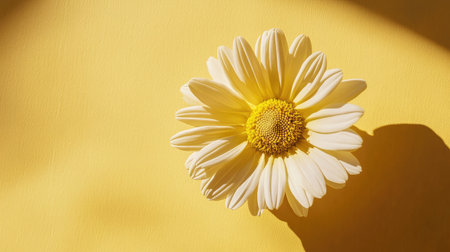 Yellow background with a single yellow daisy, centered and casting a soft shadowの素材