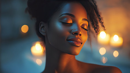 Beautiful-skinned woman in a candlelit room, soft glow on her skin, serene expression, intimate settingの素材