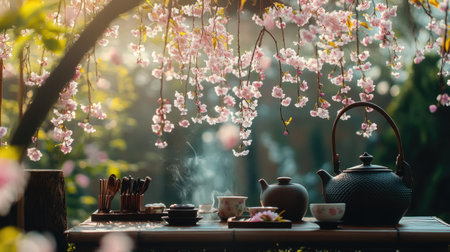 Traditional Japanese tea ceremony outdoors under sakura trees, with tea utensils and spring flowers decorating the sceneの素材