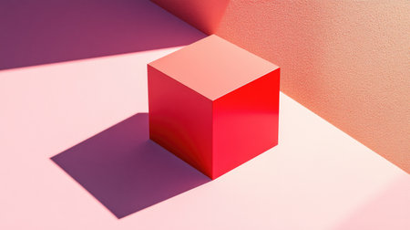 A bright red cube casting a shadow on a minimalist, pastel pink surfaceの素材