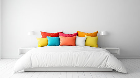 A simple white bed with bold, colorful pillows in a minimalist bedroomの素材