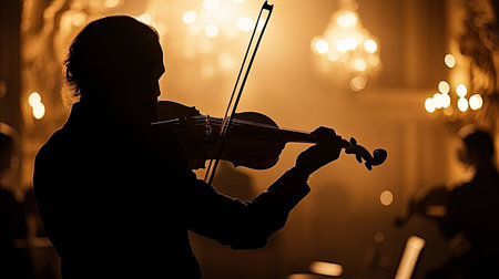 Silhouette of a violinist in a classical concert setting, soft lighting highlighting the elegance of the sceneの素材