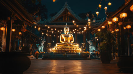 Golden Buddha statue at night, illuminated by lanterns, temple courtyard, calm and spiritual atmosphereの素材