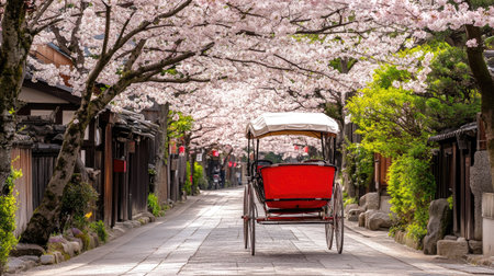 A traditional Japanese rickshaw pulled through a cherry blossom-lined street during a spring festivalの素材