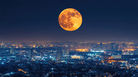 A full moon rising over the city, symbolizing the universal celebration of Sharad Purnimaの素材
