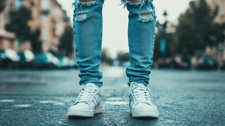 Man wearing ripped jeans and sneakers, casual street style, urban background, soft focusの素材
