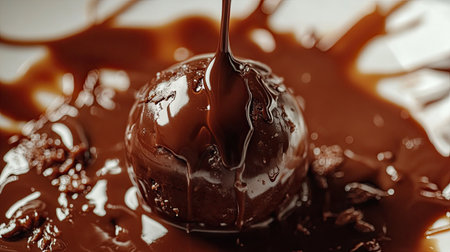 Decadent chocolate sphere melting under warm caramel sauce, complex and indulgent, close-up, soft lightingの素材