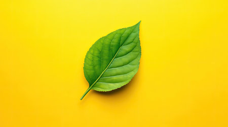 A single green leaf on a bright, solid yellow background in a minimal compositionの素材