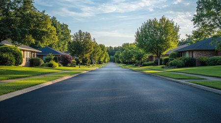 Background of a quiet suburban street with neatly maintained asphalt, bordered by trimmed lawns and treesの素材