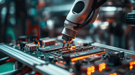 A close-up of a microcontroller being integrated into a robotic system, highlighting the electronics side of mechatronicsの素材